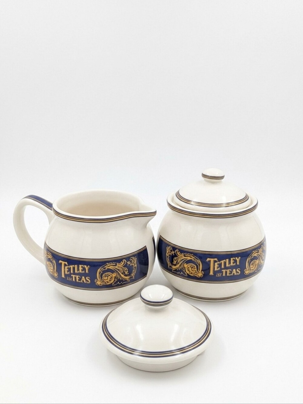 Vintage Tetley Teas Creamer & Sugar Jar Set Collectible Blue Gold Filigree